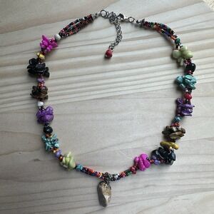 VTG Pendant Necklace 34" Agate Multicolor Stone Chips Glass Beads Boho‎ Adjust